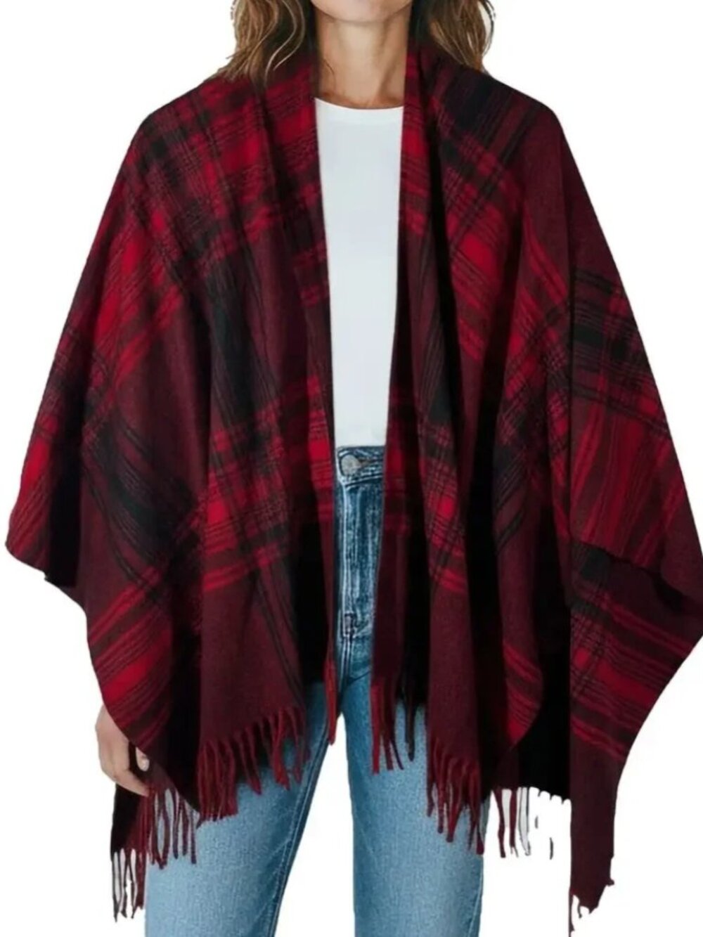 Belle by Kim Gravel Buffalo Plaid Ruana Cozy Wrap Poncho Cape Red Black L